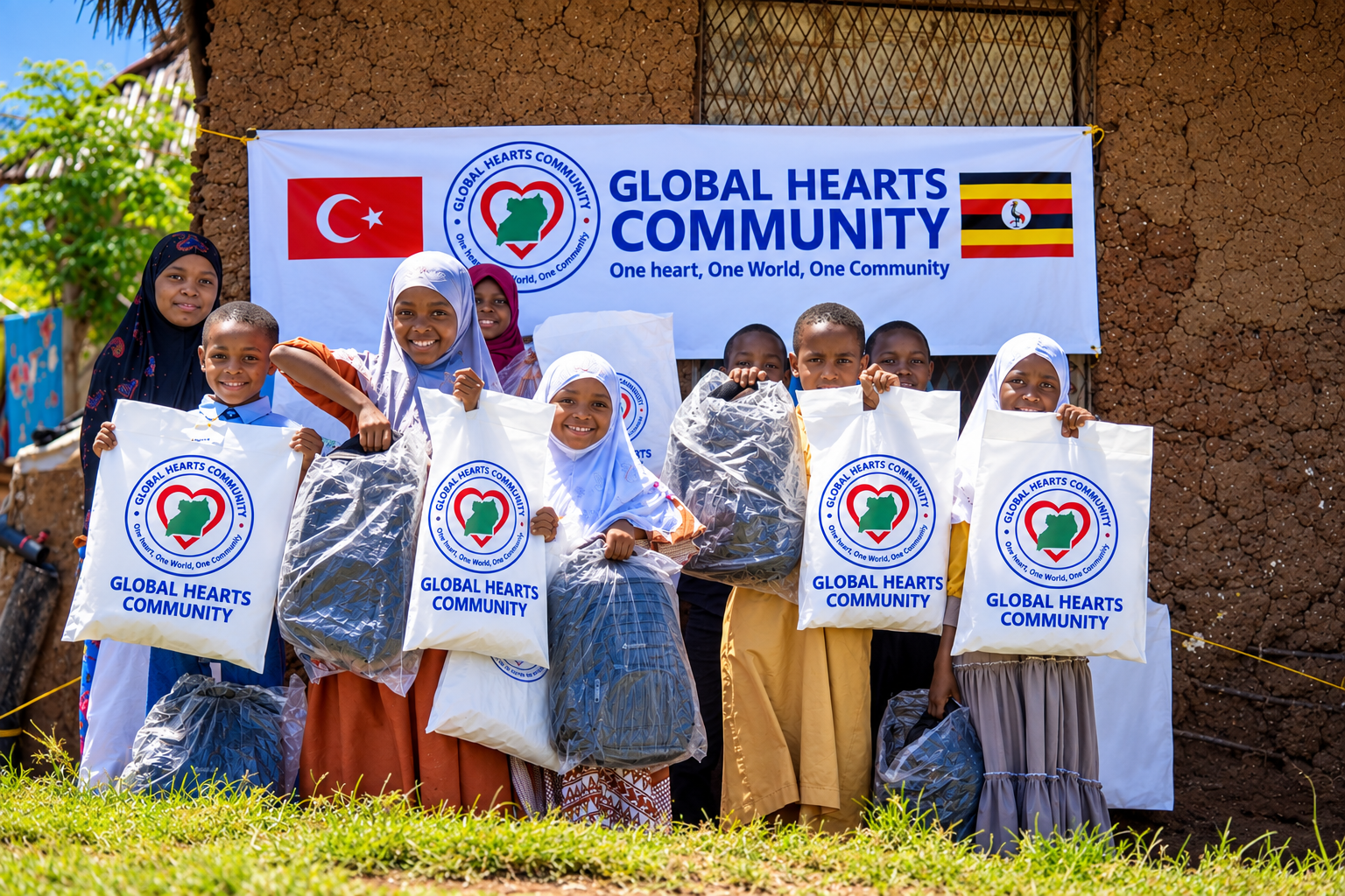 Children holding new school bags and gift packages at a Global Hearts Community handover in Mbale