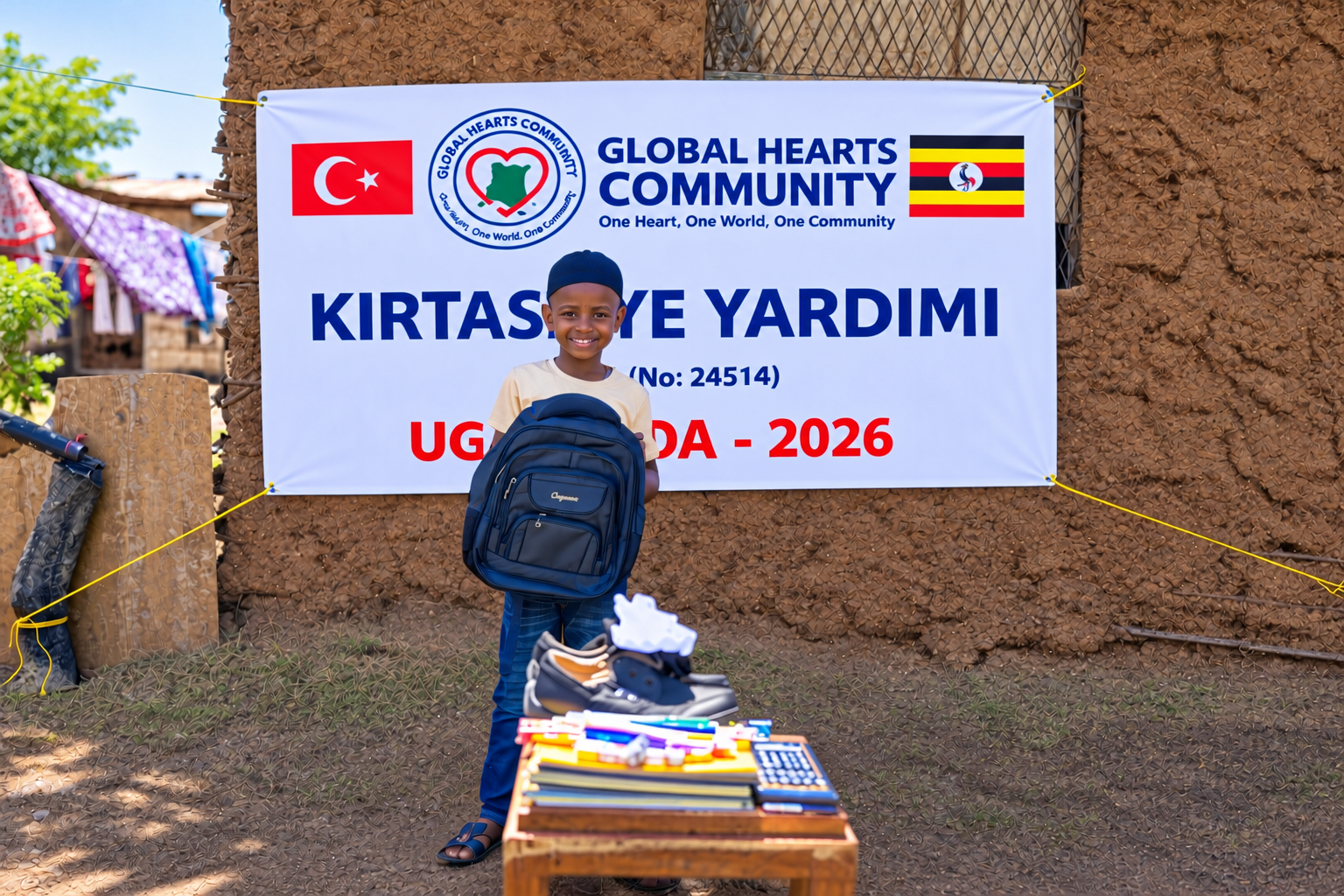 A pupil with a school bag, shoes and scholastic materials at a school-aid event.
