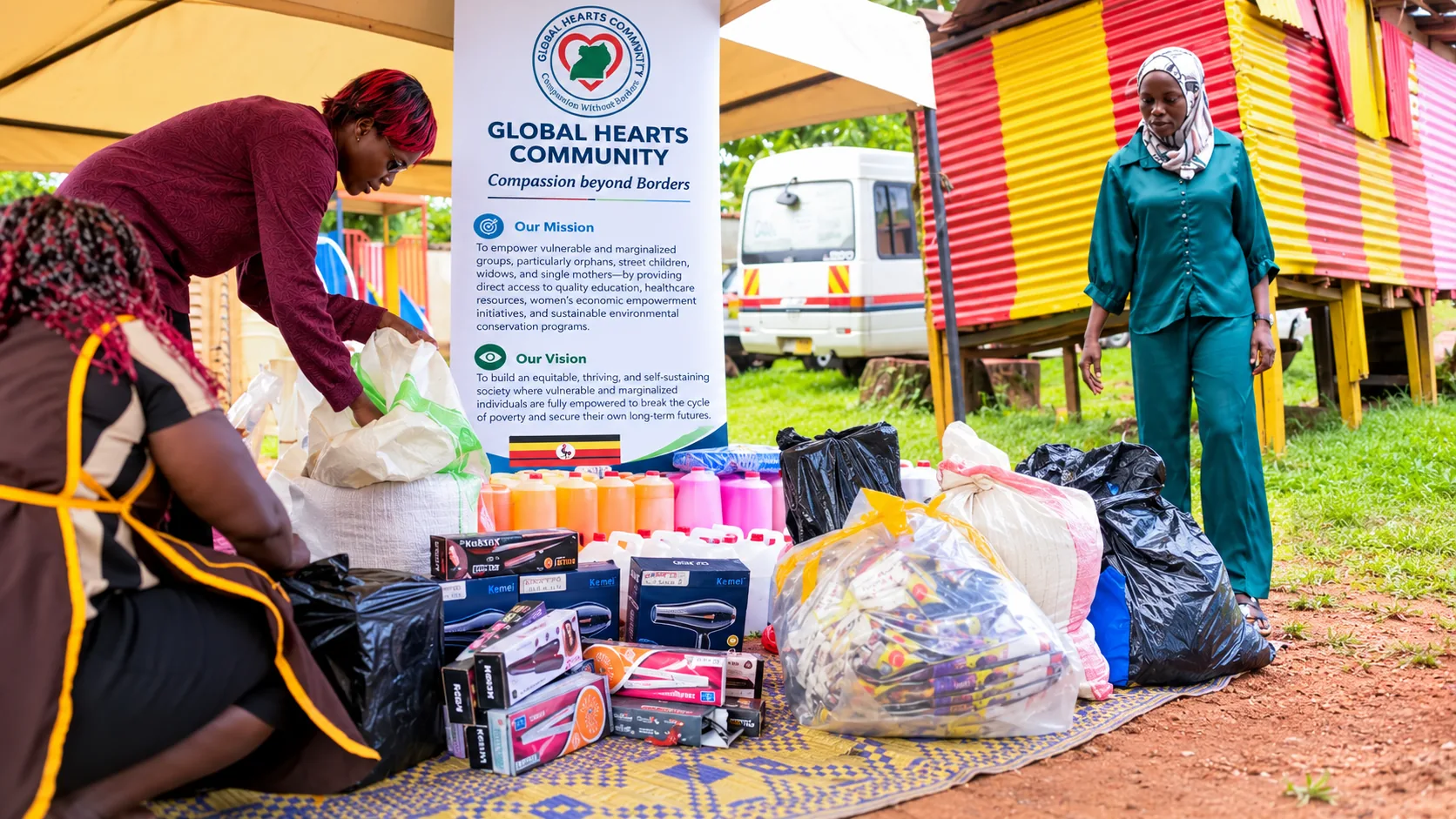Women unpacking starter-kit supplies — hair dryers, styling tools and containers of finished liquid soap — at a Global Hearts Community handover in Bukonde, Mbale.